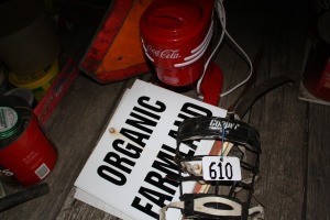Coke machine, mask, belts, caution sign, organic farm signs